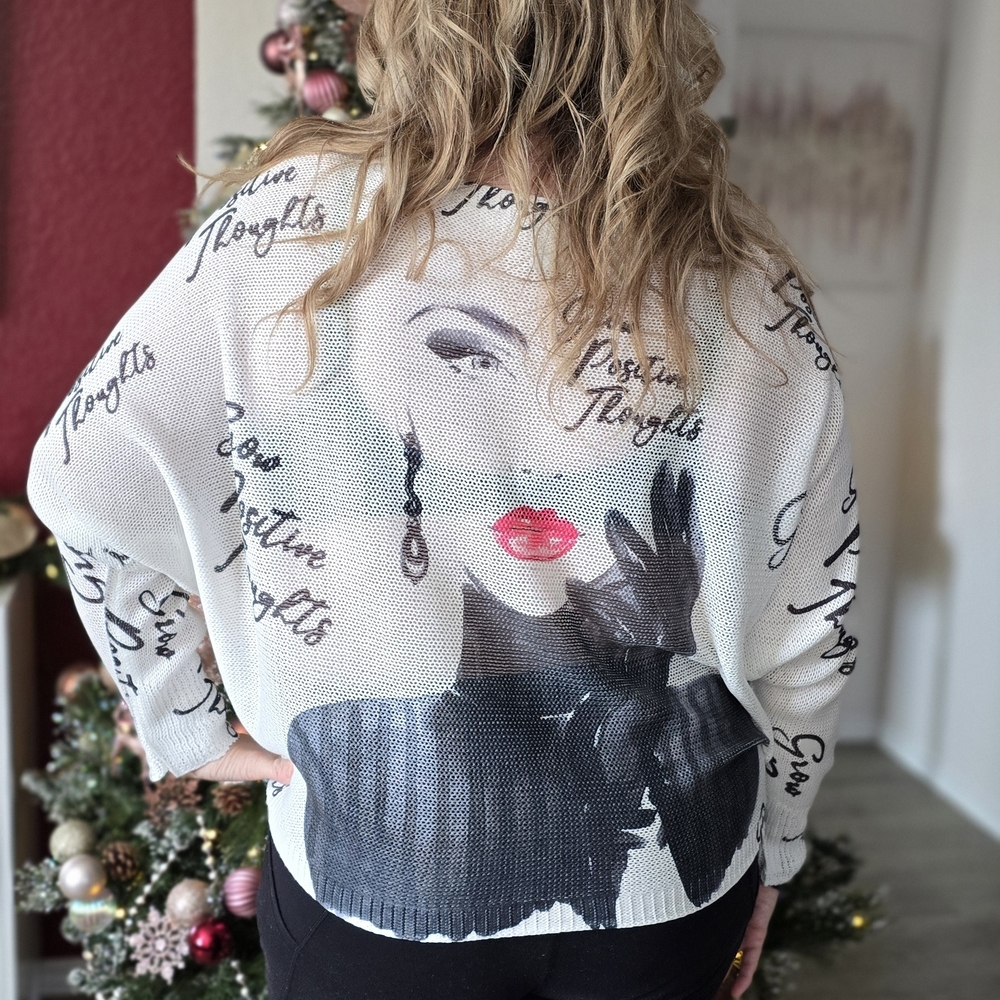Women's Itailian GrowPositive Thoughts Graphic Batwing Sweater - White and Black - Picture 4 of 4